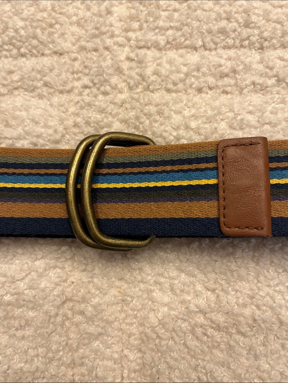 Zara Brown Leather-Trim Striped Canvas D-Ring Belt with Blue Accent